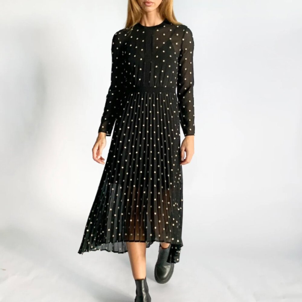 Maje Rivoli Micro-Floral Embroidered Pleaded Midi Dress (1)